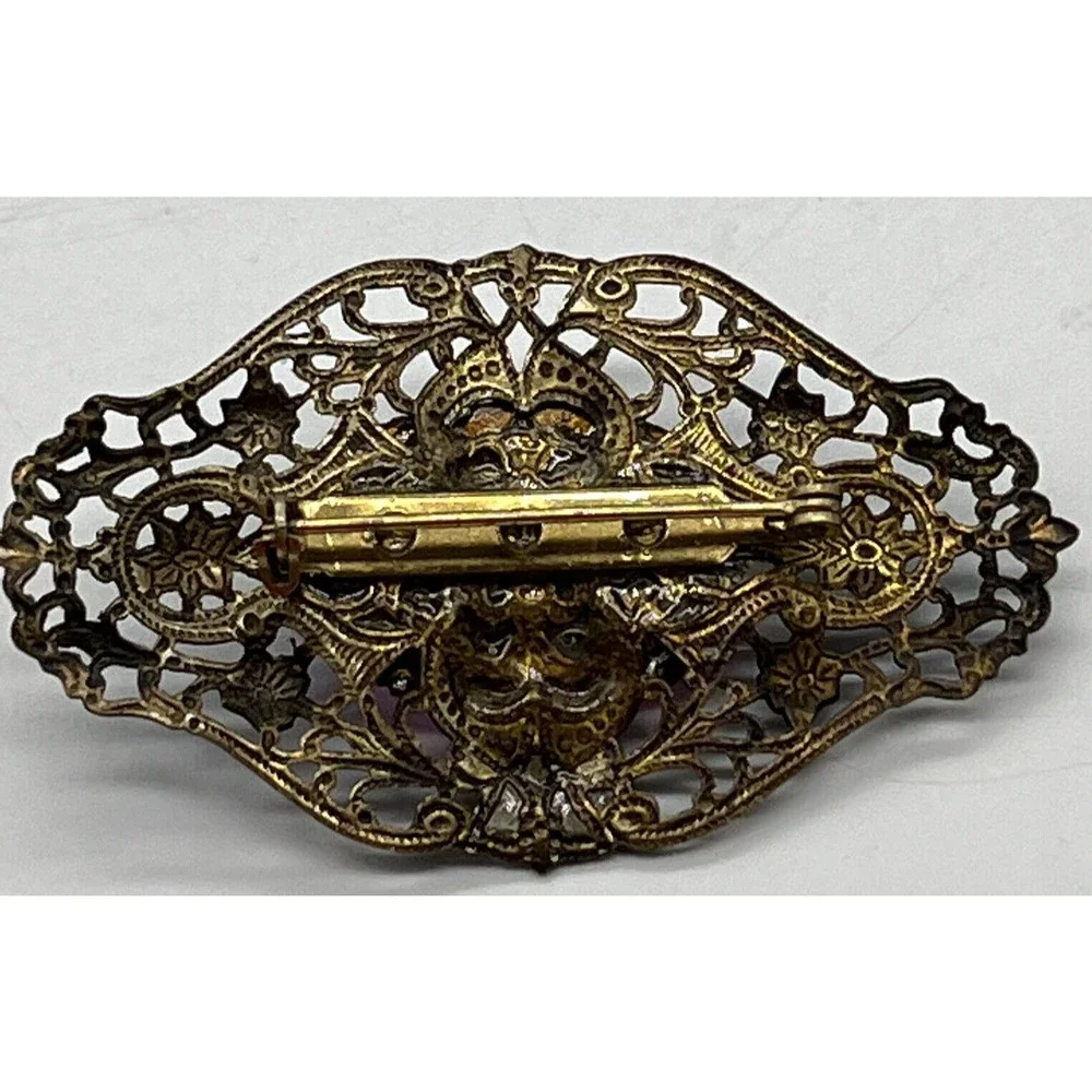Old Metal Brooch Pin with Pink Glass Gem Brooch Is 3” X 2” , Gem Is 1” Long - Picture 5 of 10